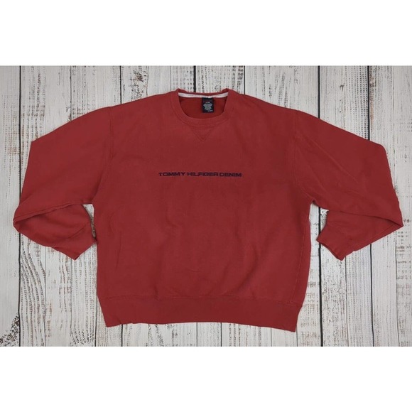Vintage Tommy Hilfiger Denim‎ Spellout Logo Crewneck Red Sweatshirt Sz XL Y2K - Picture 1 of 3